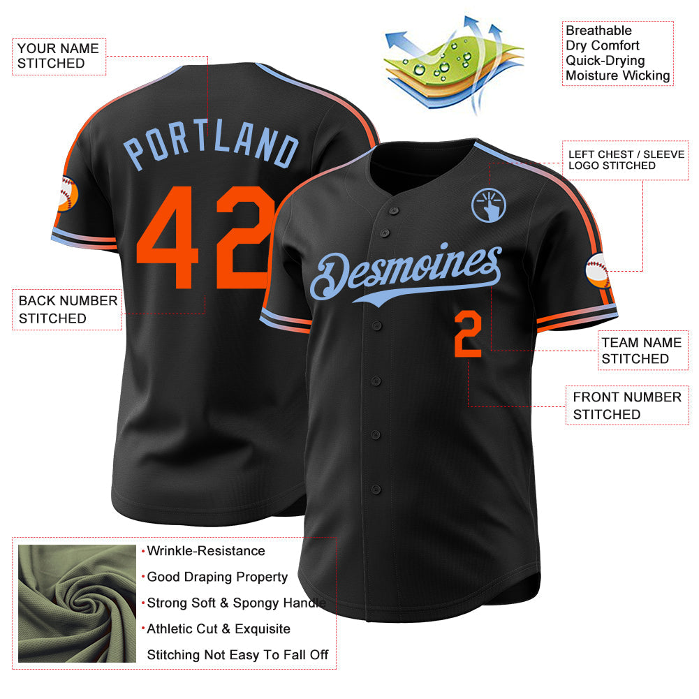 Custom Black Orange-Light Blue Raglan Line Gradient Stripe Authentic Baseball Jersey