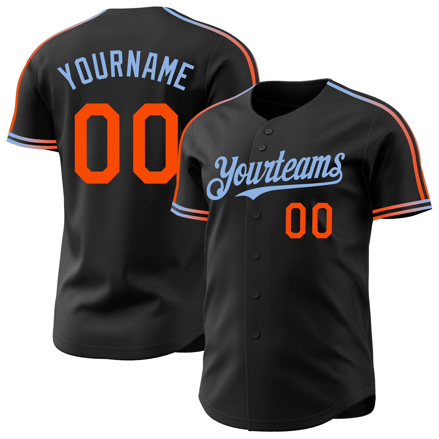 Custom Black Orange-Light Blue Raglan Line Gradient Stripe Authentic Baseball Jersey