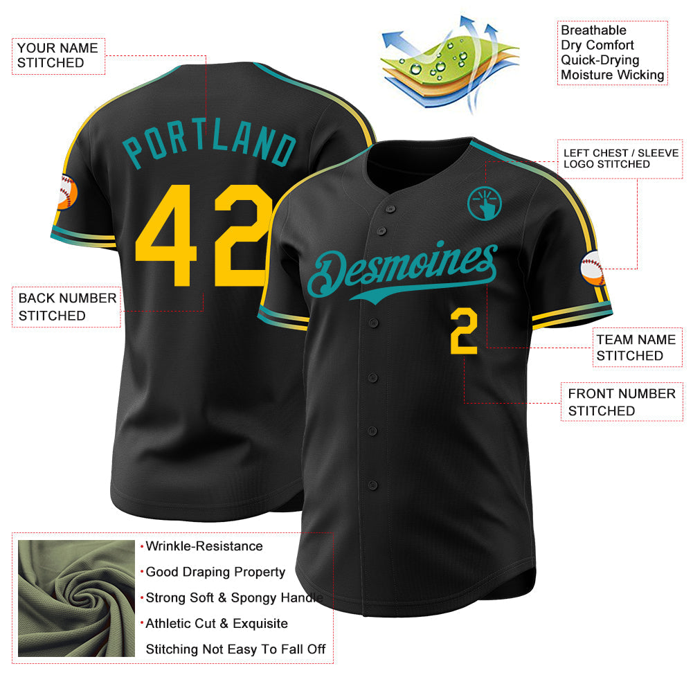 Custom Black Yellow-Teal Raglan Line Gradient Stripe Authentic Baseball Jersey