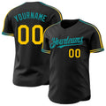 Custom Black Yellow-Teal Raglan Line Gradient Stripe Authentic Baseball Jersey