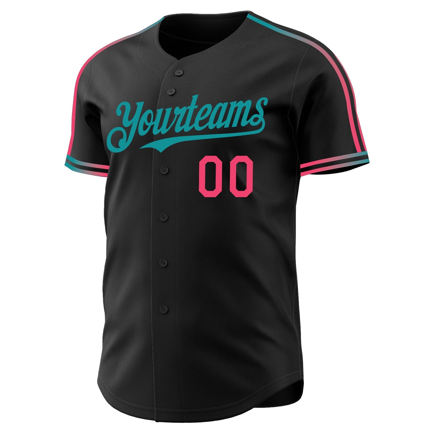 Custom Black Neon Pink-Teal Raglan Line Gradient Stripe Authentic Baseball Jersey