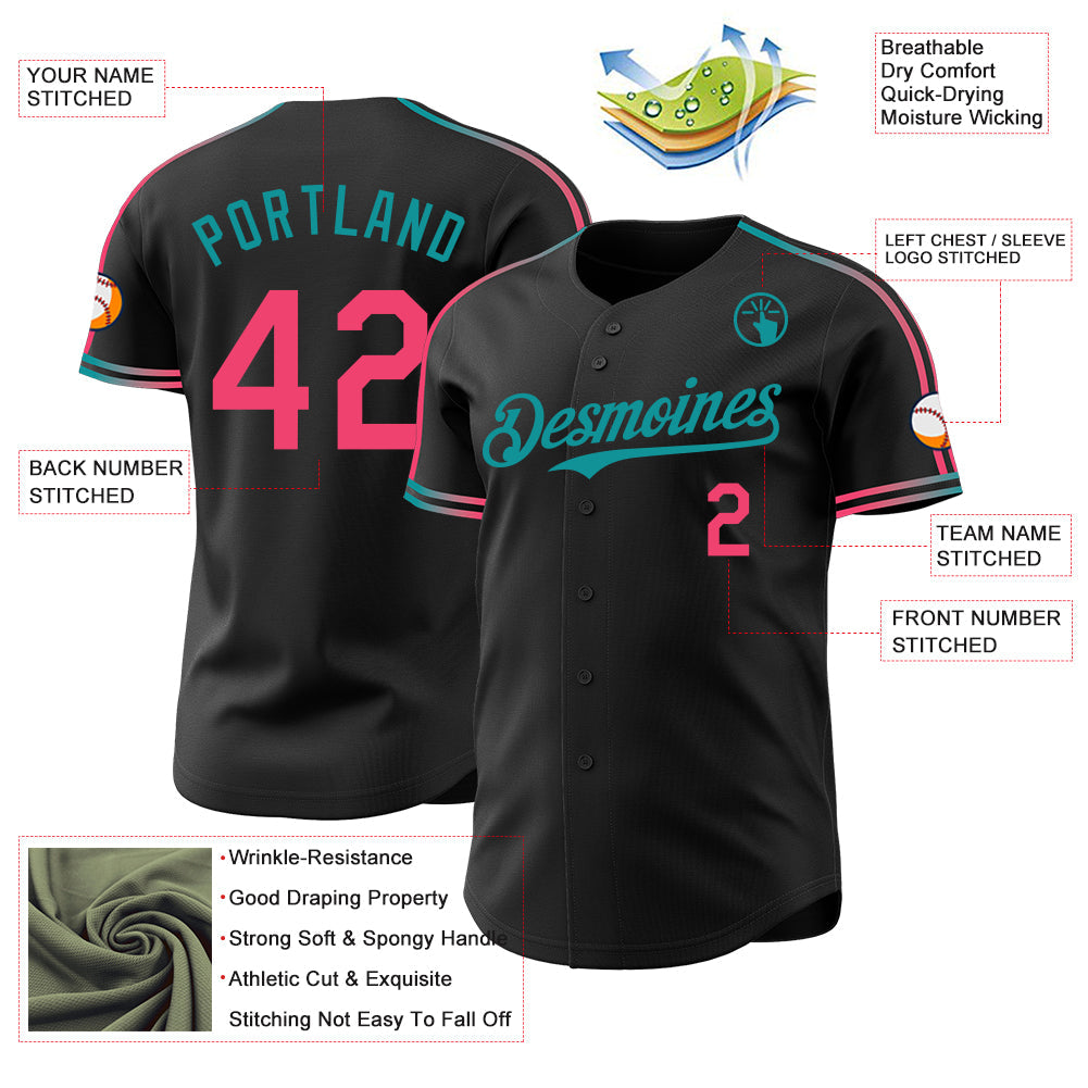 Custom Black Neon Pink-Teal Raglan Line Gradient Stripe Authentic Baseball Jersey
