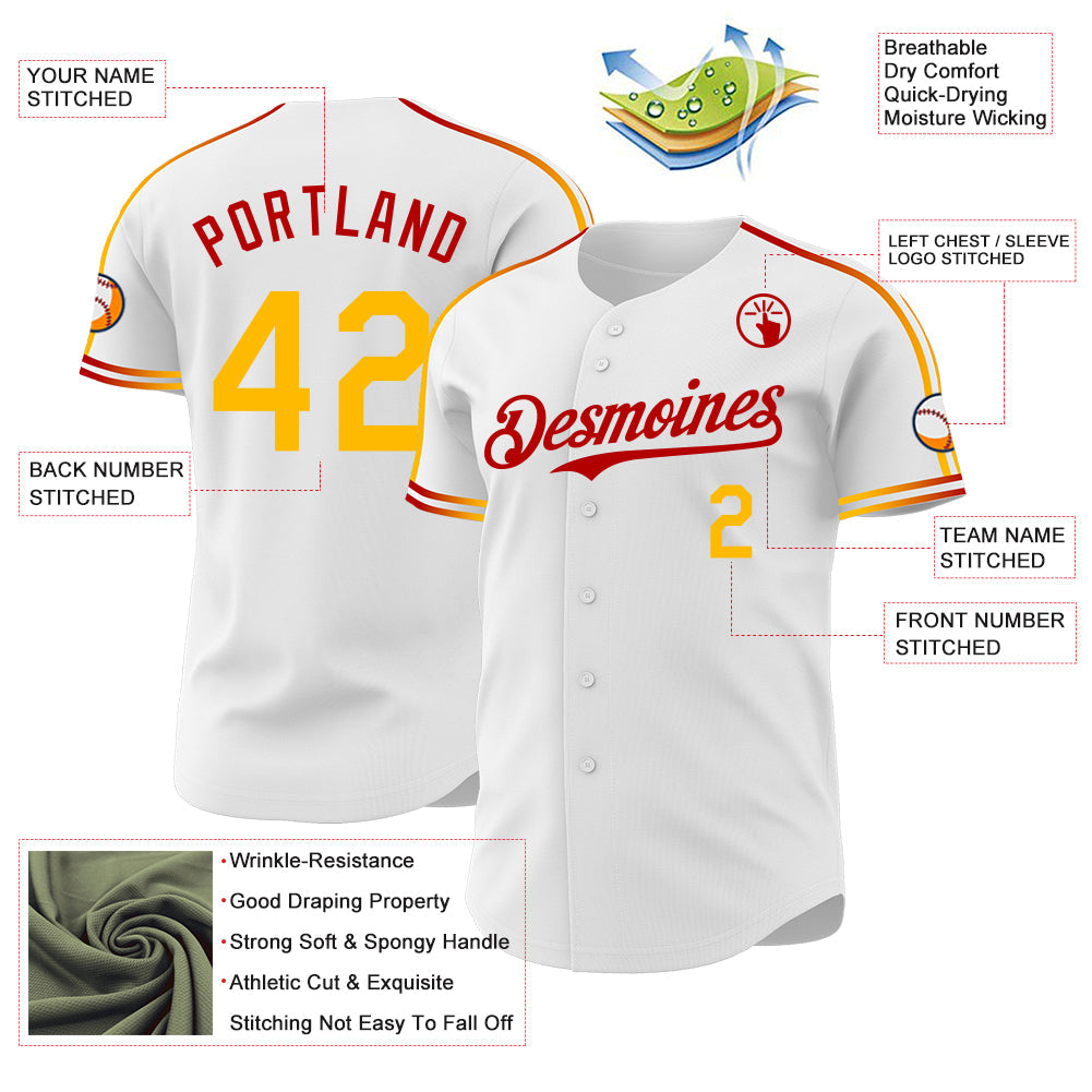 Custom White Gold-Red Raglan Line Gradient Stripe Authentic Baseball Jersey