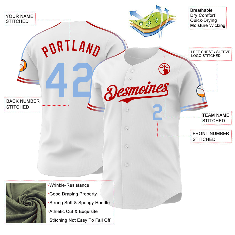 Custom White Light Blue-Red Raglan Line Gradient Stripe Authentic Baseball Jersey