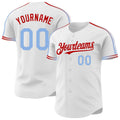Custom White Light Blue-Red Raglan Line Gradient Stripe Authentic Baseball Jersey