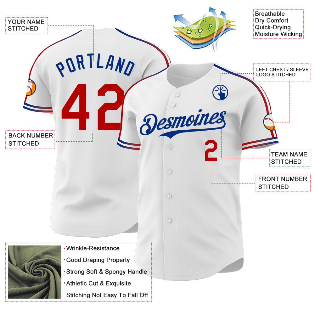 Custom White Red-Royal Raglan Line Gradient Stripe Authentic Baseball Jersey