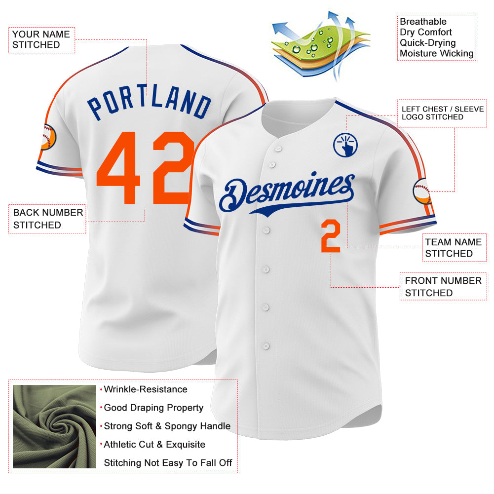 Custom White Orange-Royal Raglan Line Gradient Stripe Authentic Baseball Jersey