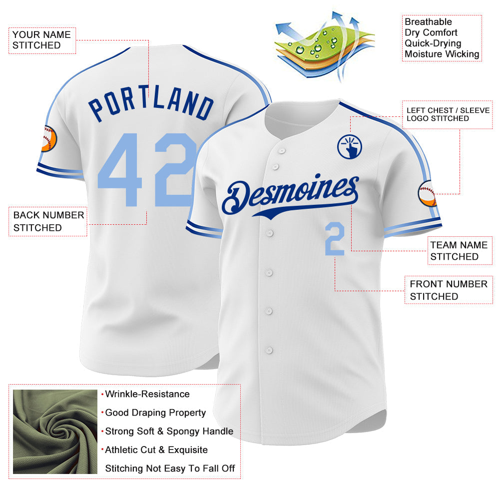Custom White Light Blue-Royal Raglan Line Gradient Stripe Authentic Baseball Jersey