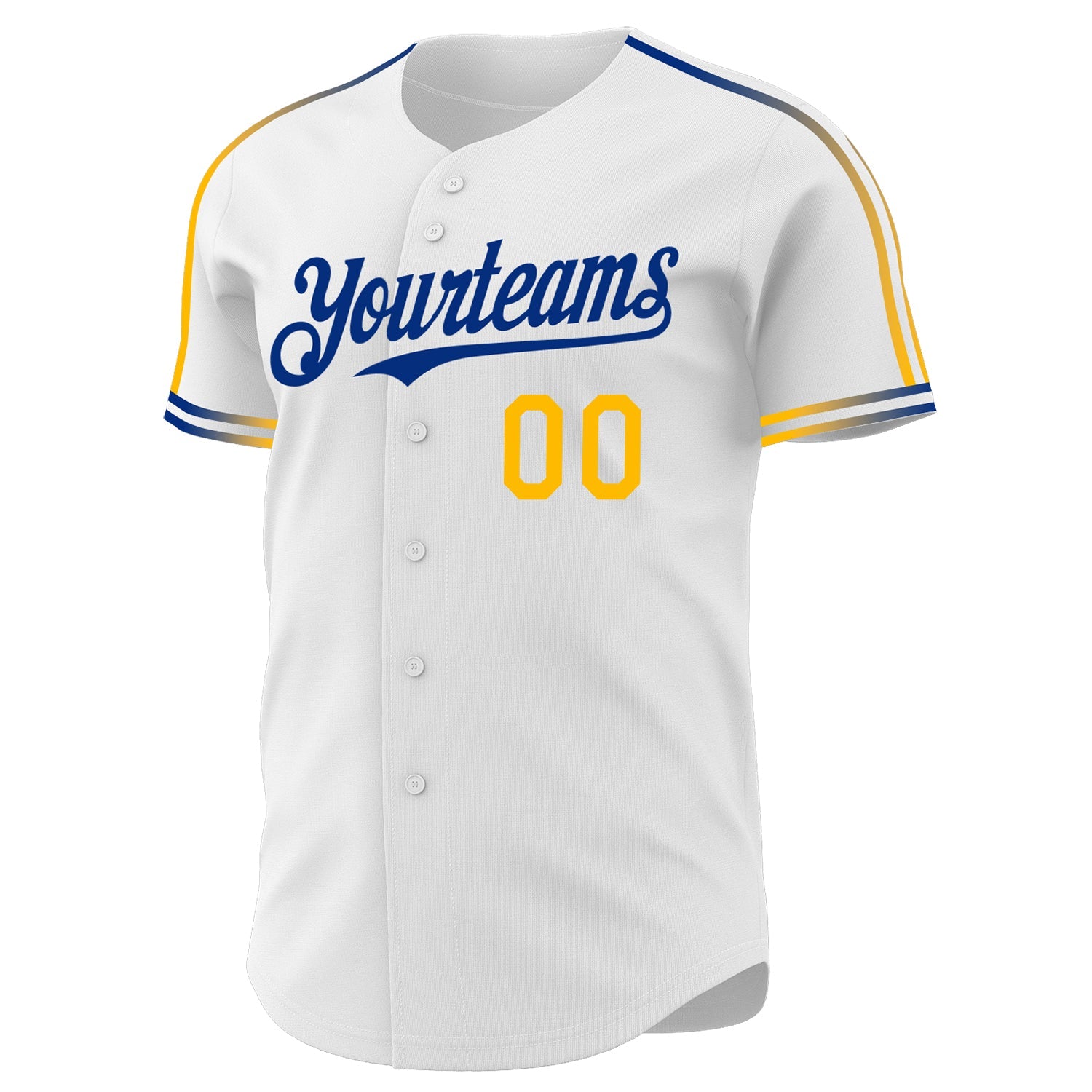 Custom White Gold-Royal Raglan Line Gradient Stripe Authentic Baseball Jersey