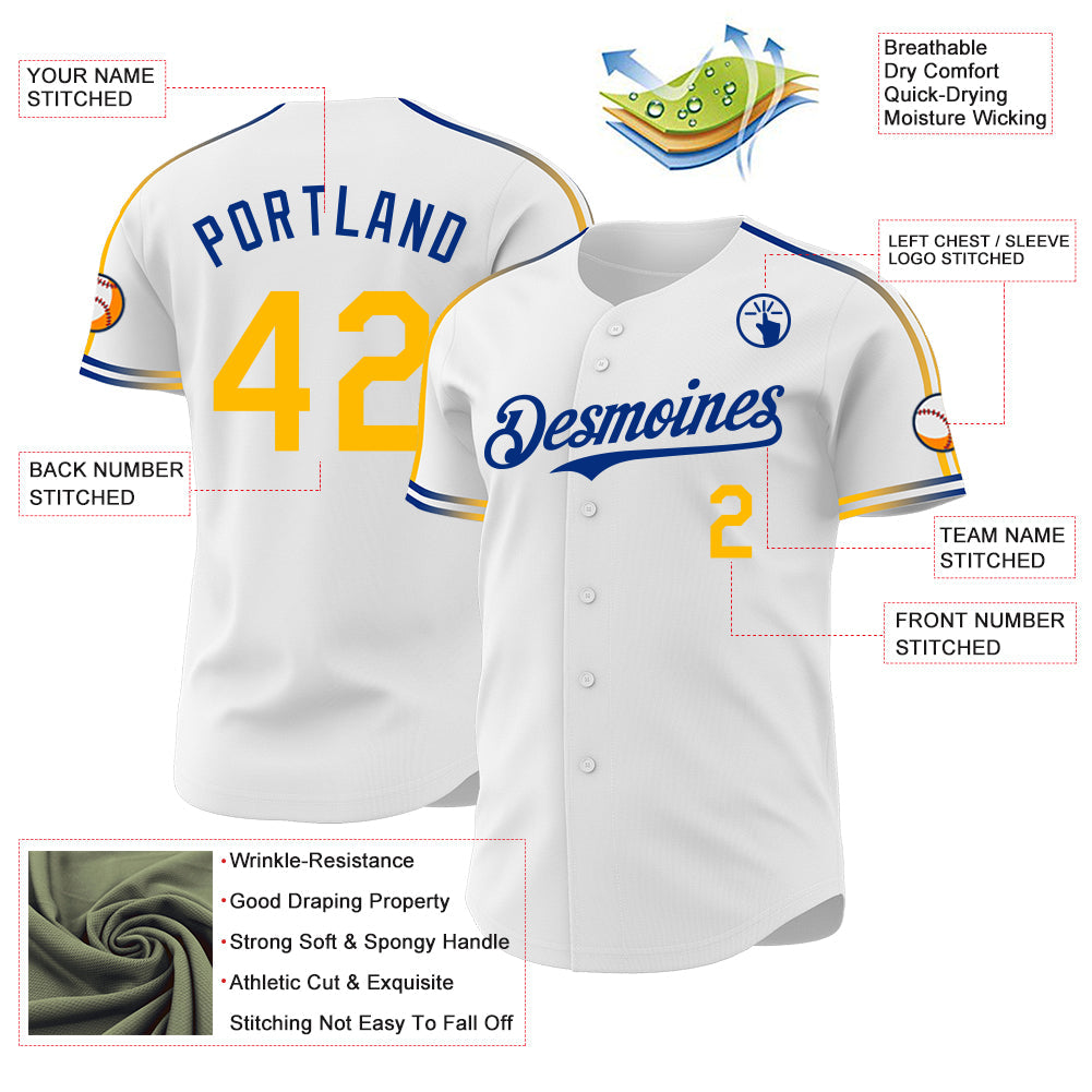 Custom White Gold-Royal Raglan Line Gradient Stripe Authentic Baseball Jersey