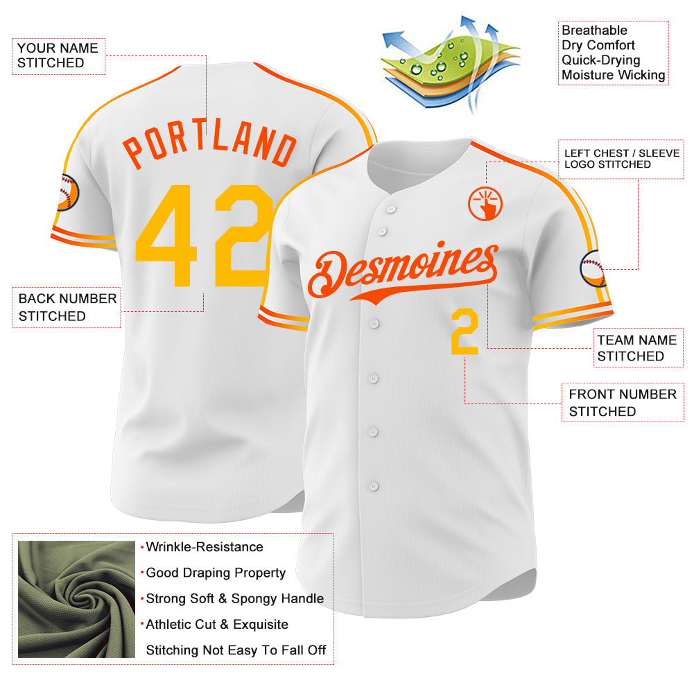 Custom White Gold-Orange Raglan Line Gradient Stripe Authentic Baseball Jersey