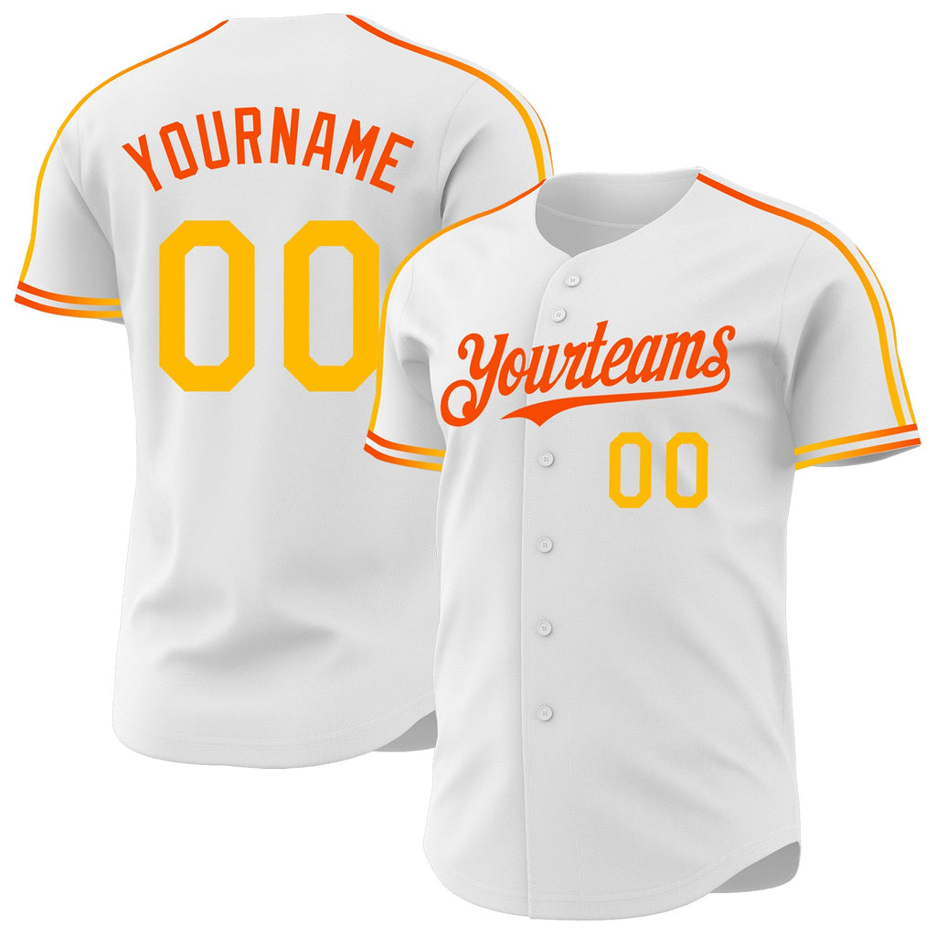 Custom White Gold-Orange Raglan Line Gradient Stripe Authentic Baseball Jersey