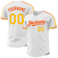 Custom White Gold-Orange Raglan Line Gradient Stripe Authentic Baseball Jersey