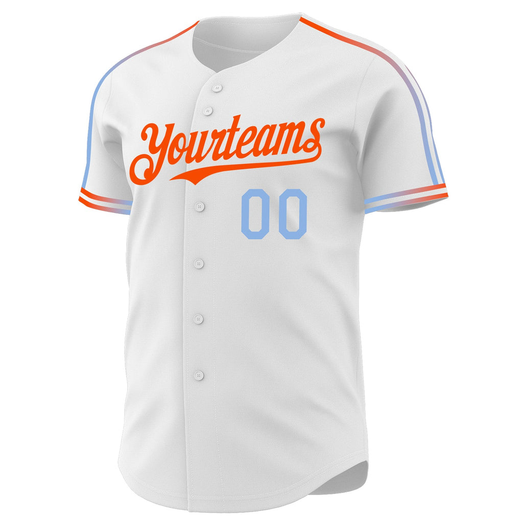 Custom White Light Blue-Orange Raglan Line Gradient Stripe Authentic Baseball Jersey