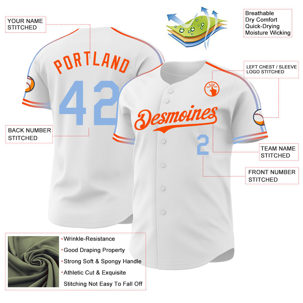 Custom White Light Blue-Orange Raglan Line Gradient Stripe Authentic Baseball Jersey