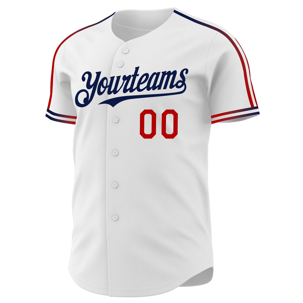 Custom White Red-Navy Raglan Line Gradient Stripe Authentic Baseball Jersey