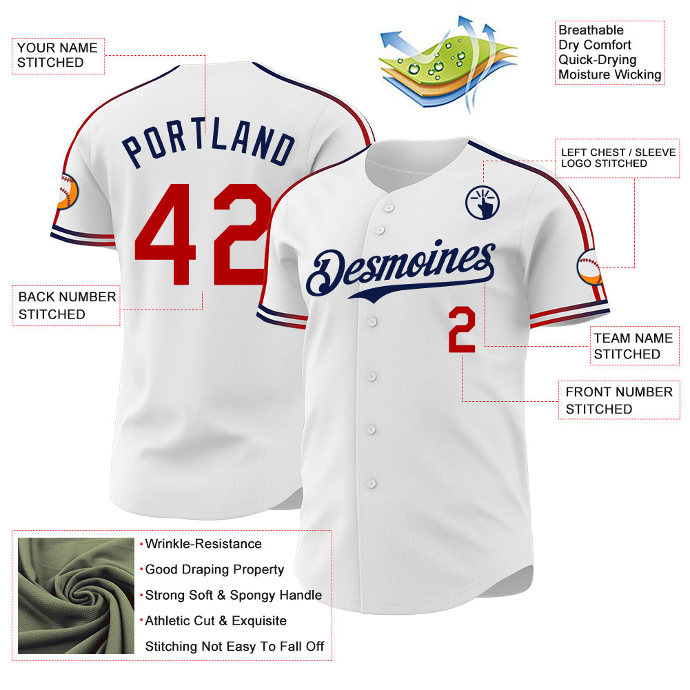 Custom White Red-Navy Raglan Line Gradient Stripe Authentic Baseball Jersey