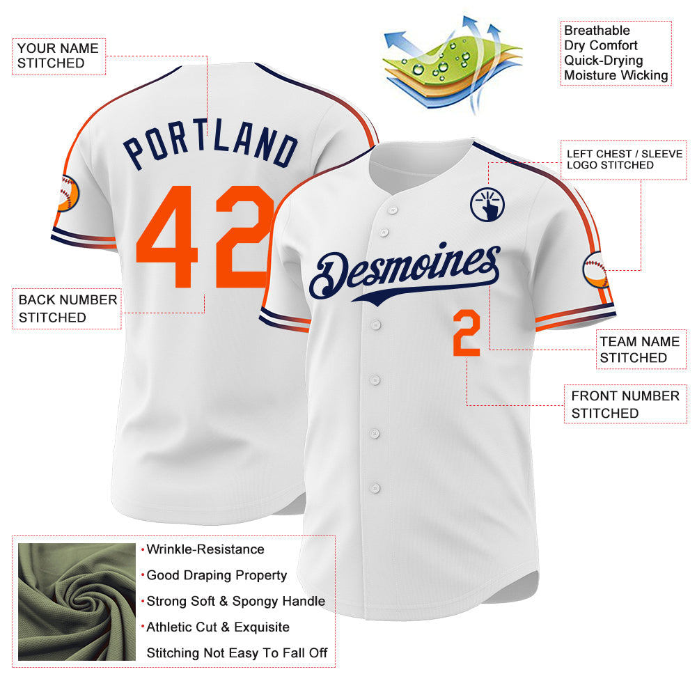 Custom White Orange-Navy Raglan Line Gradient Stripe Authentic Baseball Jersey