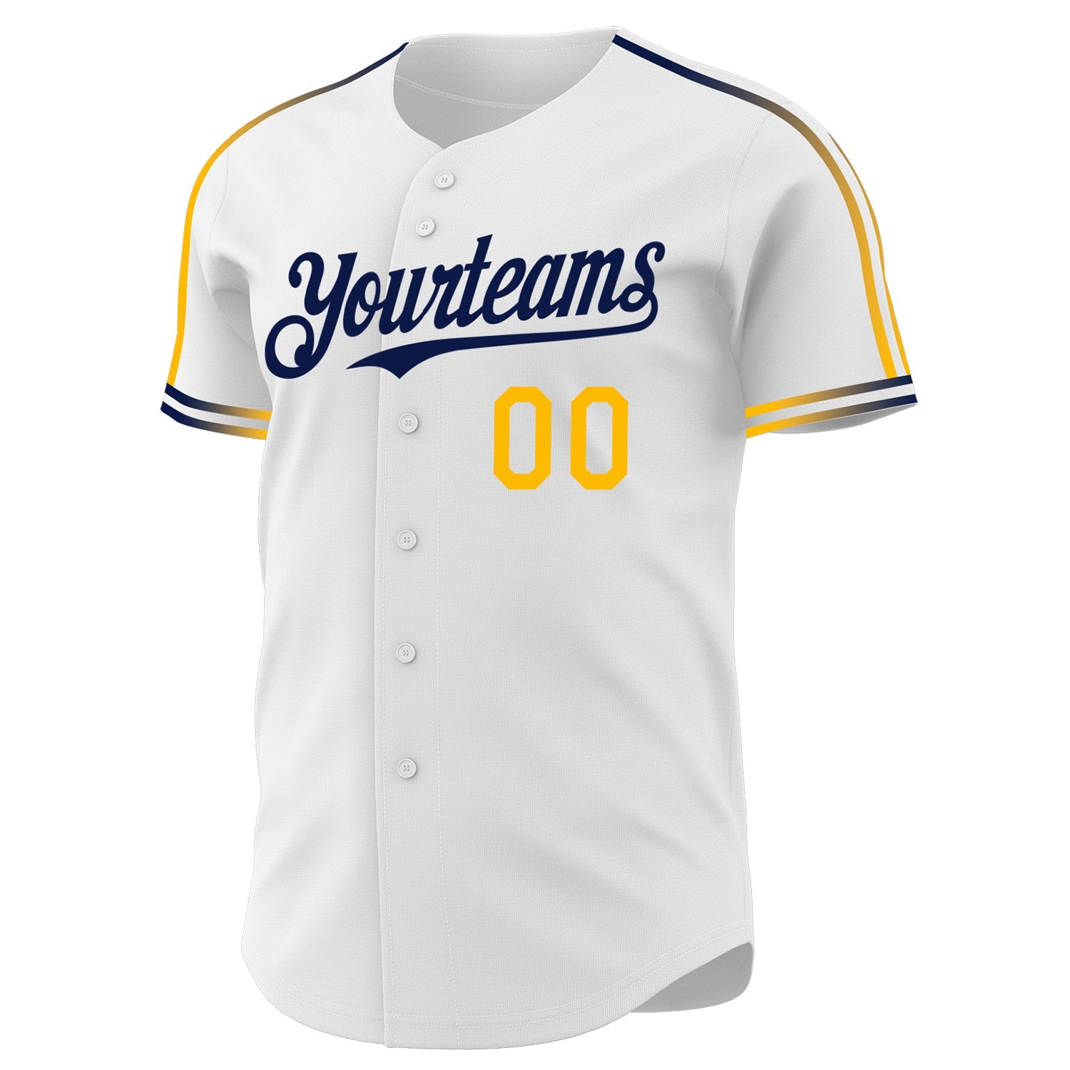 Custom White Gold-Navy Raglan Line Gradient Stripe Authentic Baseball Jersey