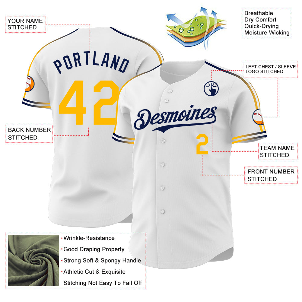 Custom White Gold-Navy Raglan Line Gradient Stripe Authentic Baseball Jersey