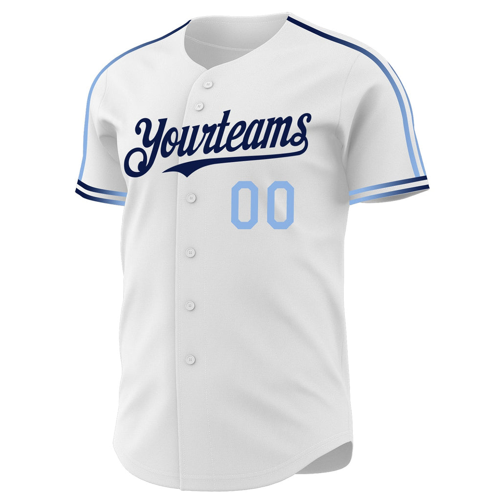 Custom White Light Blue-Navy Raglan Line Gradient Stripe Authentic Baseball Jersey