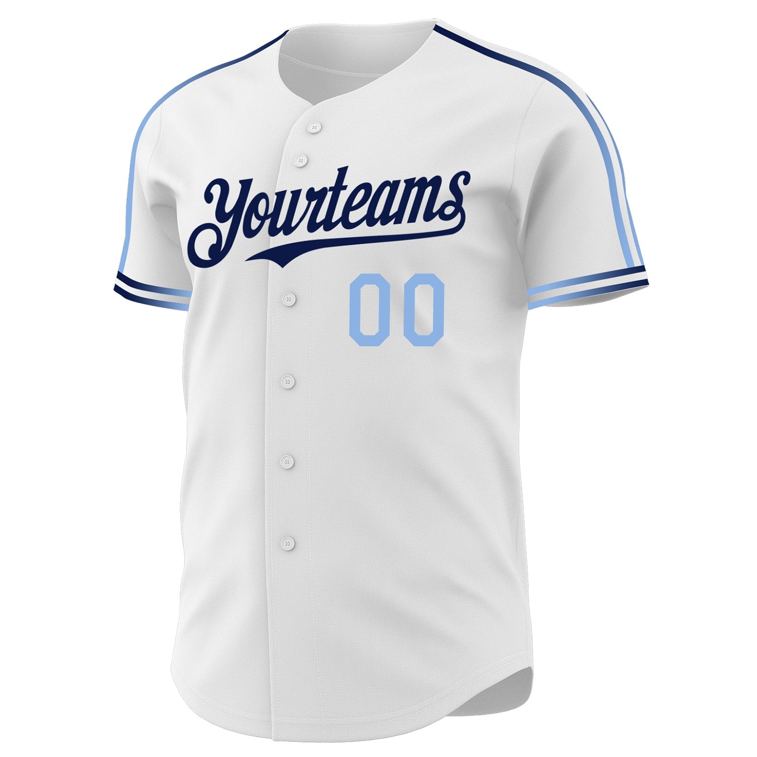 Custom White Light Blue-Navy Raglan Line Gradient Stripe Authentic Baseball Jersey