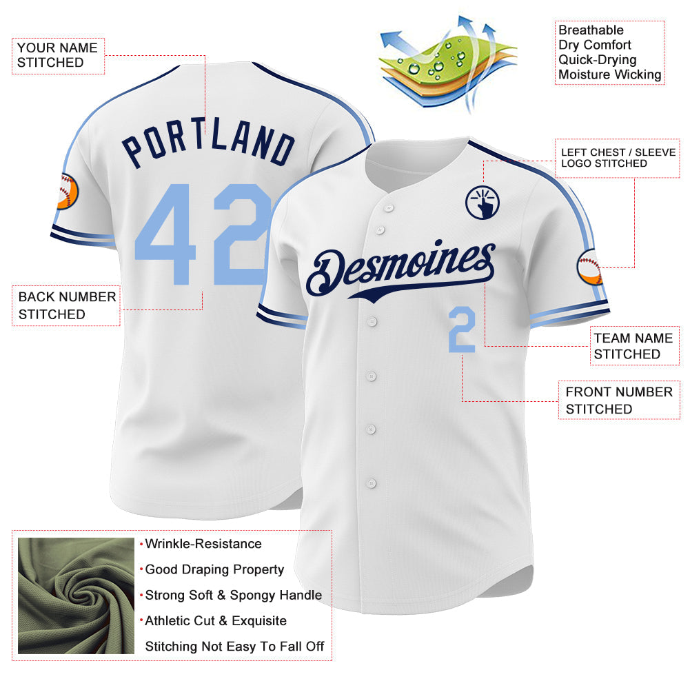 Custom White Light Blue-Navy Raglan Line Gradient Stripe Authentic Baseball Jersey