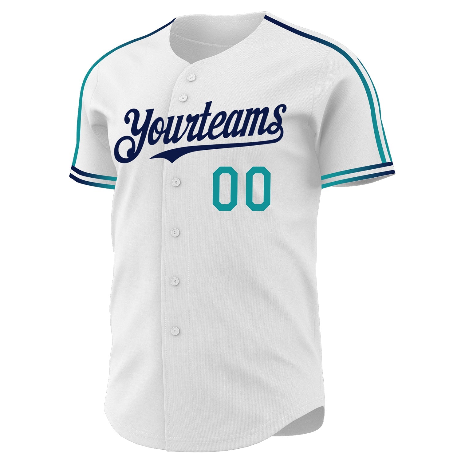 Custom White Teal-Navy Raglan Line Gradient Stripe Authentic Baseball Jersey