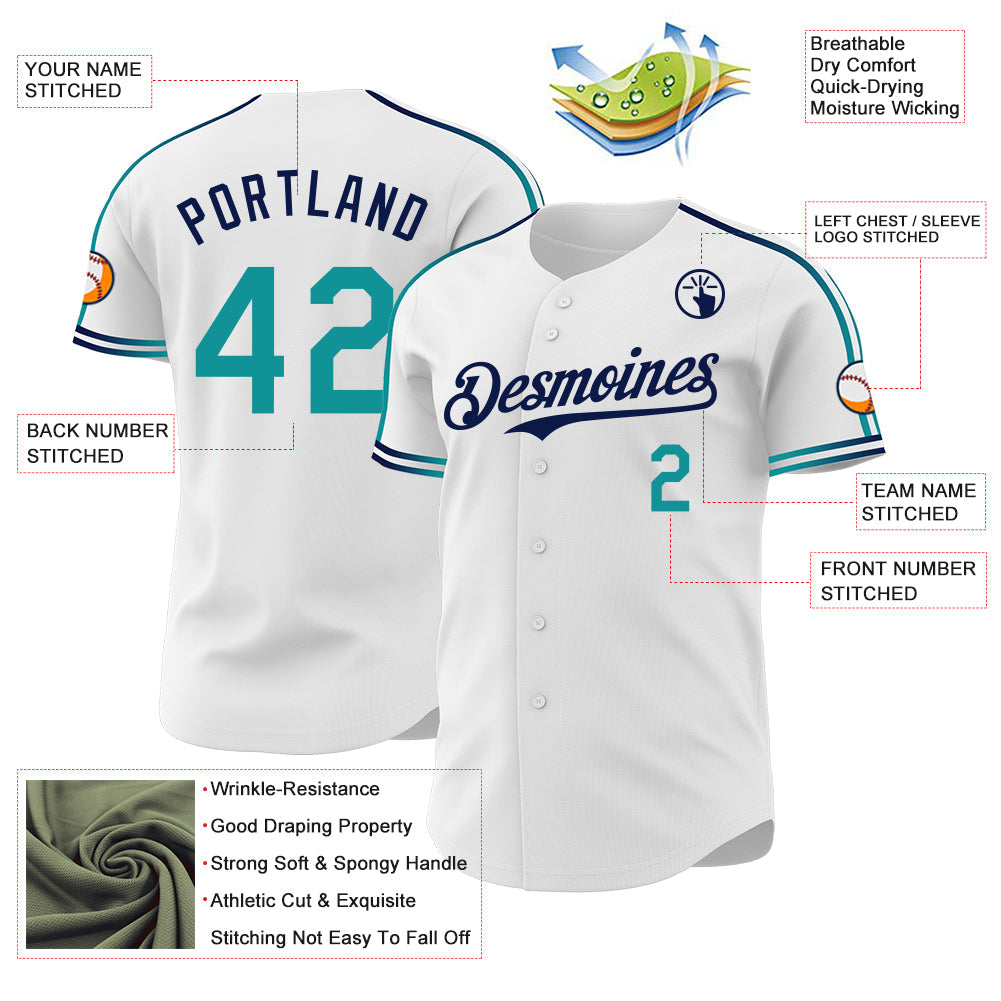 Custom White Teal-Navy Raglan Line Gradient Stripe Authentic Baseball Jersey