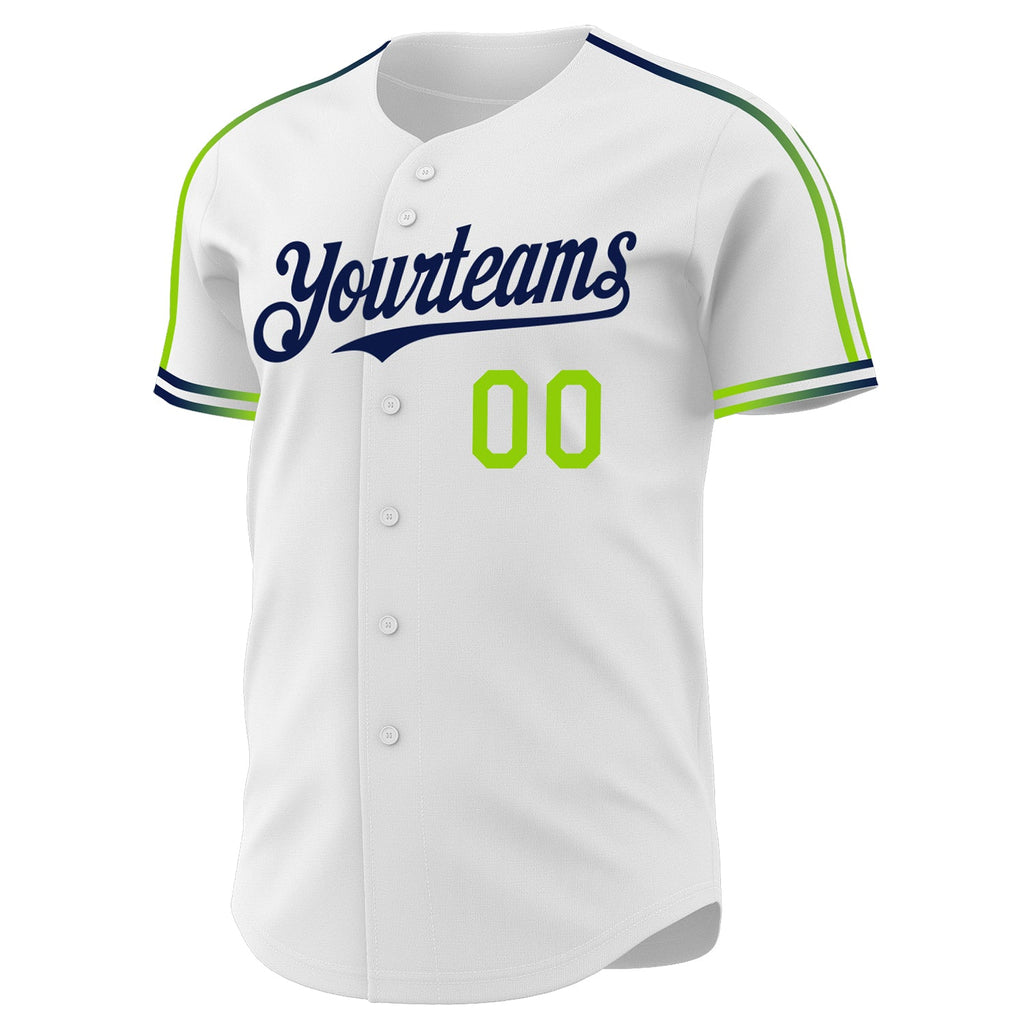 Custom White Neon Green-Navy Raglan Line Gradient Stripe Authentic Baseball Jersey