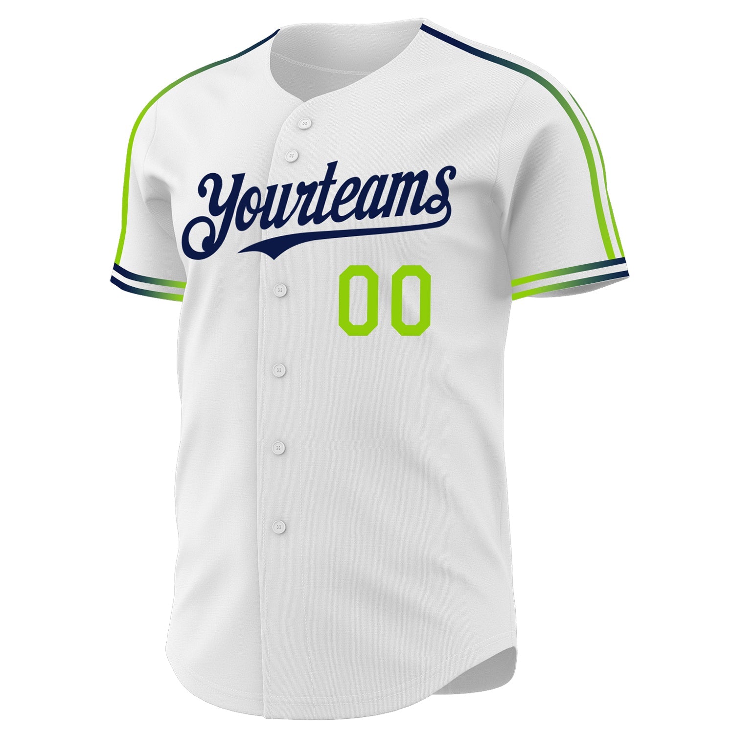 Custom White Neon Green-Navy Raglan Line Gradient Stripe Authentic Baseball Jersey