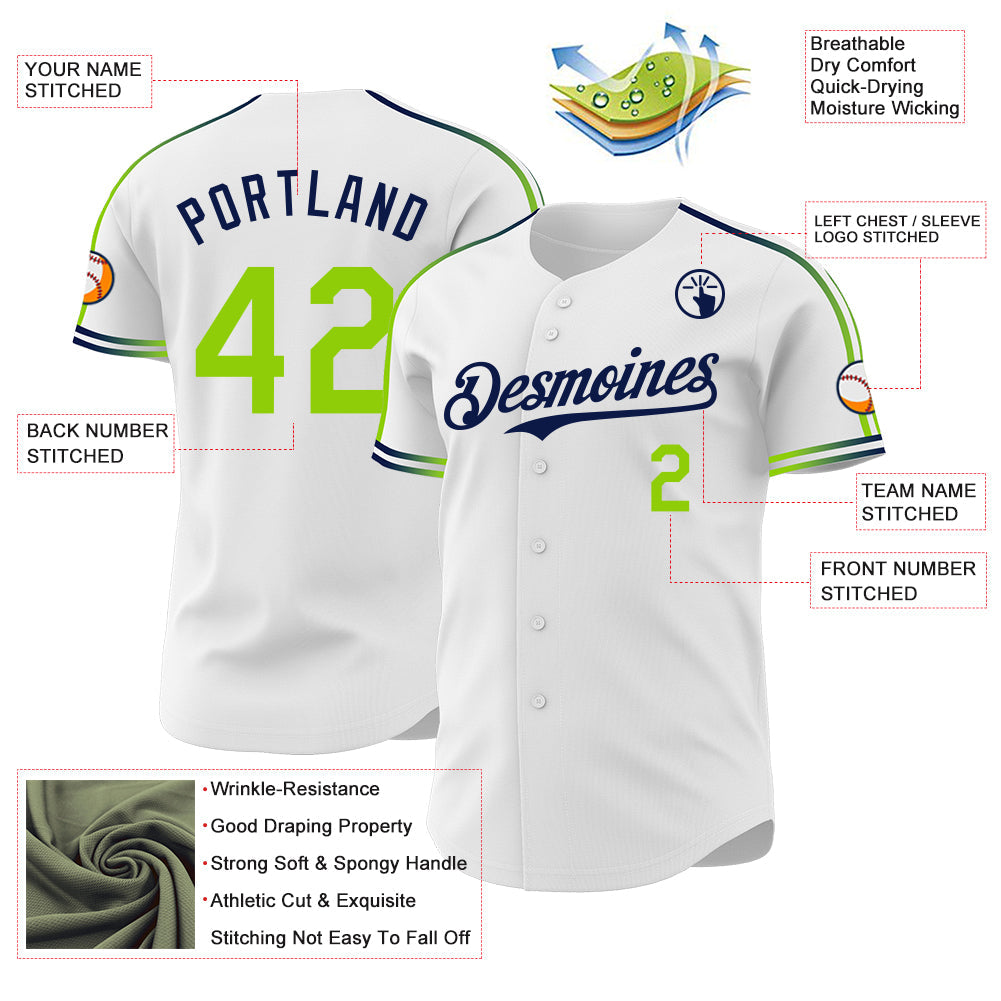 Custom White Neon Green-Navy Raglan Line Gradient Stripe Authentic Baseball Jersey