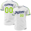 Custom White Neon Green-Navy Raglan Line Gradient Stripe Authentic Baseball Jersey