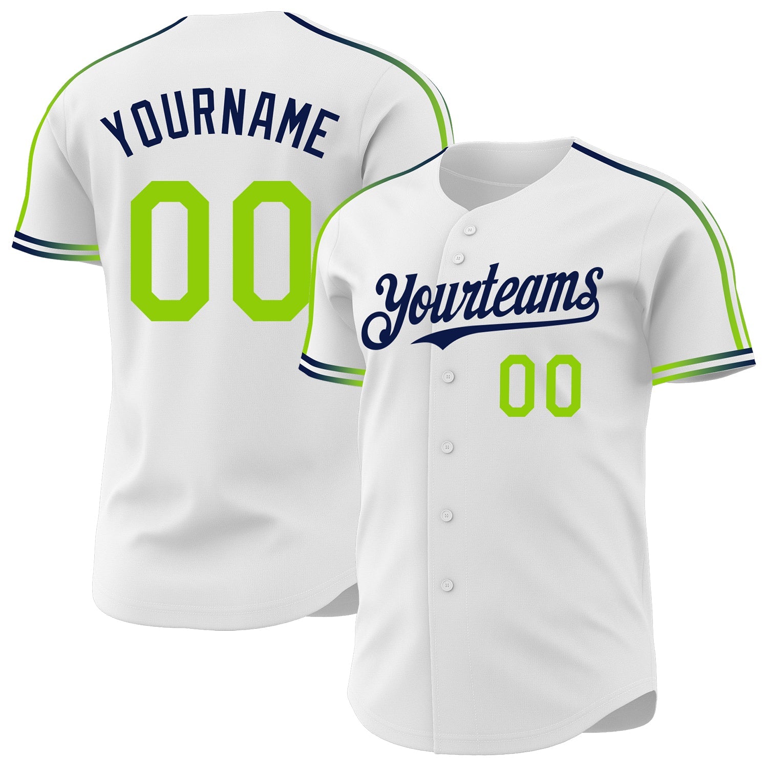 Custom White Neon Green-Navy Raglan Line Gradient Stripe Authentic Baseball Jersey
