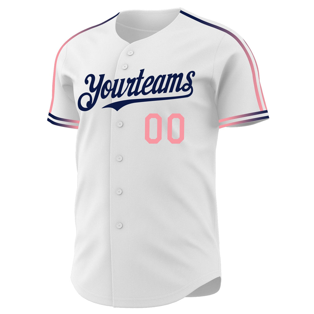 Custom White Medium Pink-Navy Raglan Line Gradient Stripe Authentic Baseball Jersey