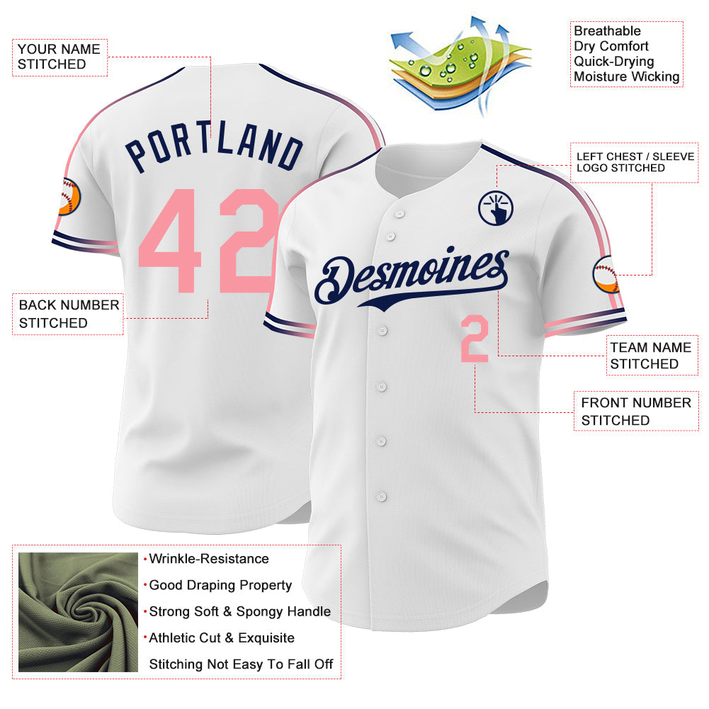 Custom White Medium Pink-Navy Raglan Line Gradient Stripe Authentic Baseball Jersey