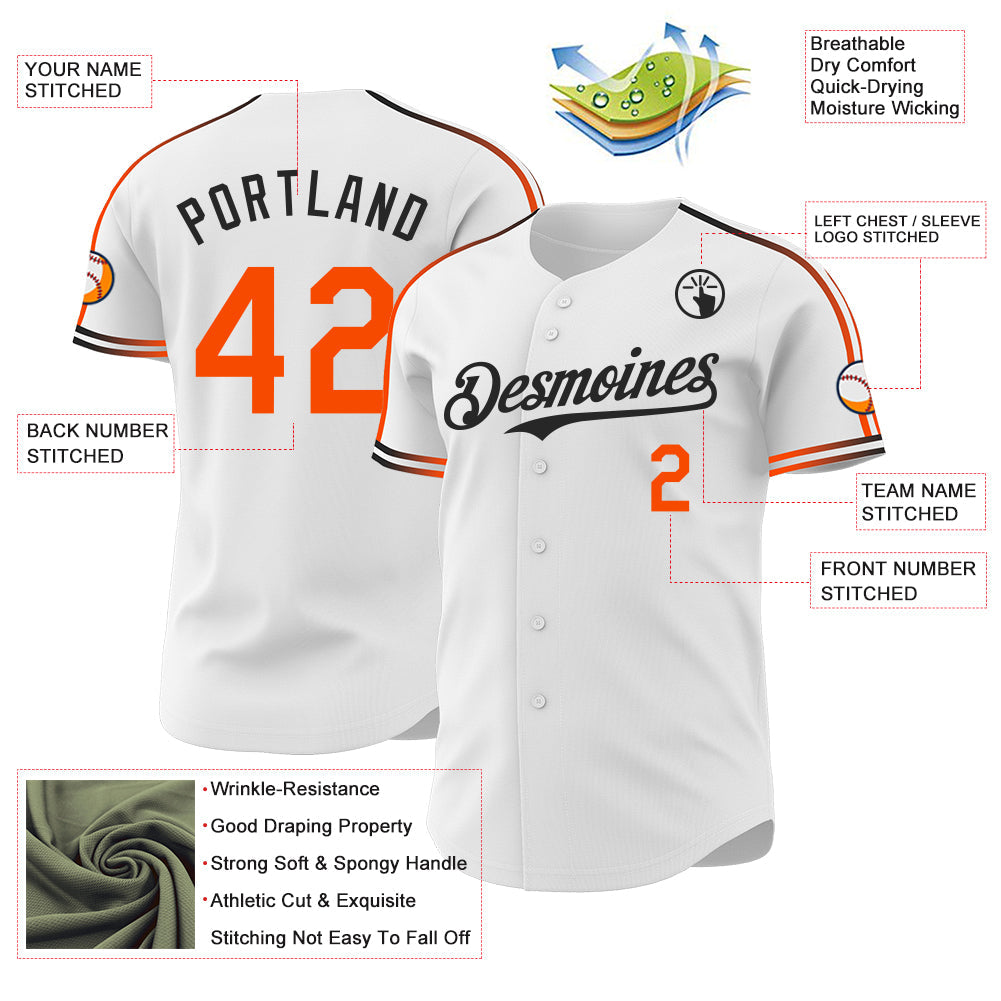 Custom White Orange-Black Raglan Line Gradient Stripe Authentic Baseball Jersey