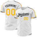 Custom White Gold-Black Raglan Line Gradient Stripe Authentic Baseball Jersey