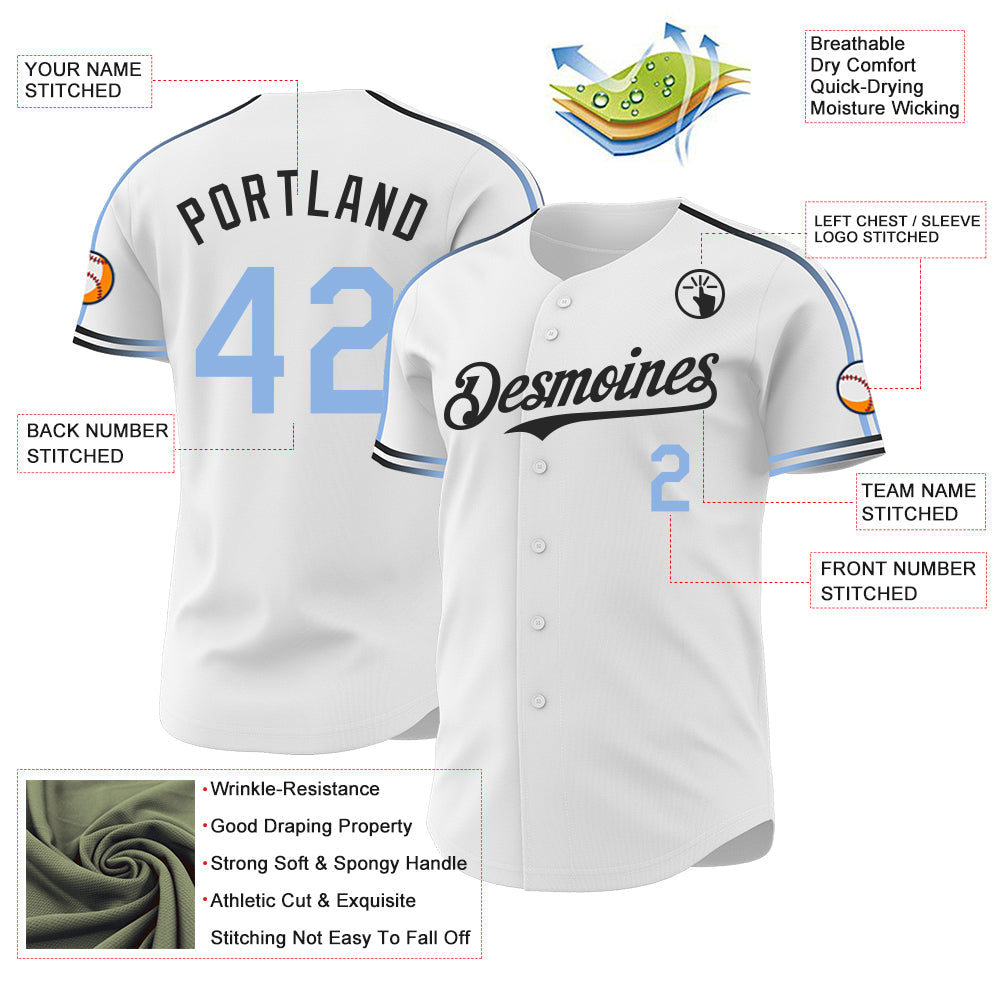 Custom White Light Blue-Black Raglan Line Gradient Stripe Authentic Baseball Jersey