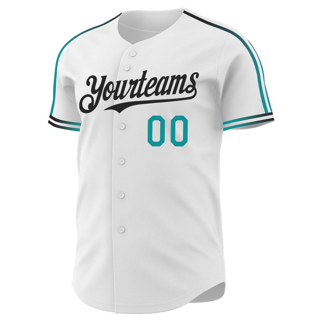 Custom White Teal-Black Raglan Line Gradient Stripe Authentic Baseball Jersey