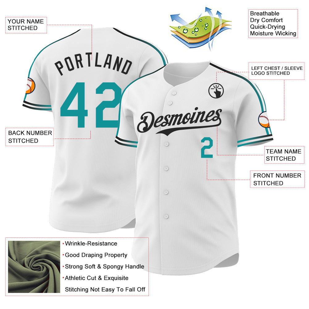 Custom White Teal-Black Raglan Line Gradient Stripe Authentic Baseball Jersey