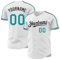 Custom White Teal-Black Raglan Line Gradient Stripe Authentic Baseball Jersey