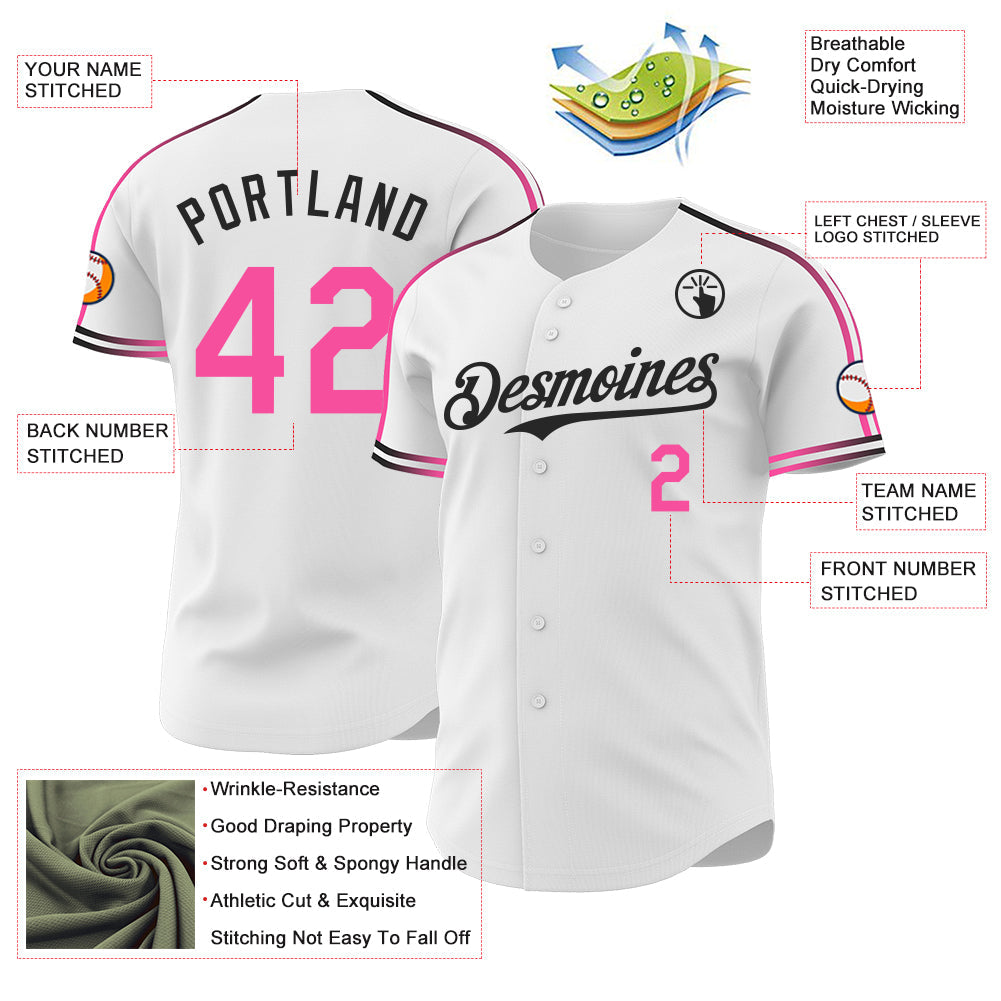 Custom White Pink-Black Raglan Line Gradient Stripe Authentic Baseball Jersey