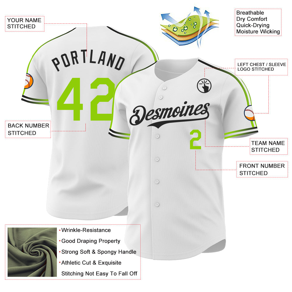 Custom White Neon Green-Black Raglan Line Gradient Stripe Authentic Baseball Jersey