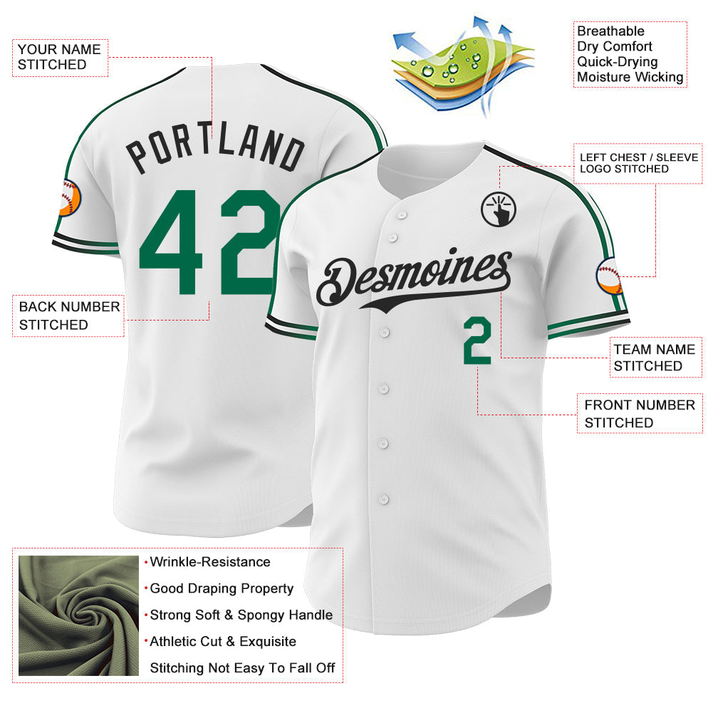 Custom White Kelly Green-Black Raglan Line Gradient Stripe Authentic Baseball Jersey
