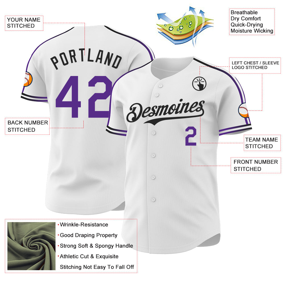 Custom White Purple-Black Raglan Line Gradient Stripe Authentic Baseball Jersey