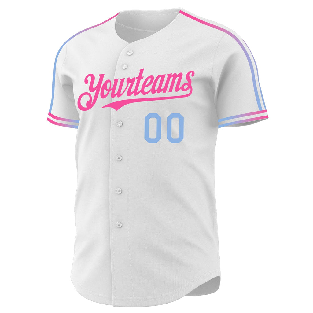 Custom White Light Blue-Pink Raglan Line Gradient Stripe Authentic Baseball Jersey
