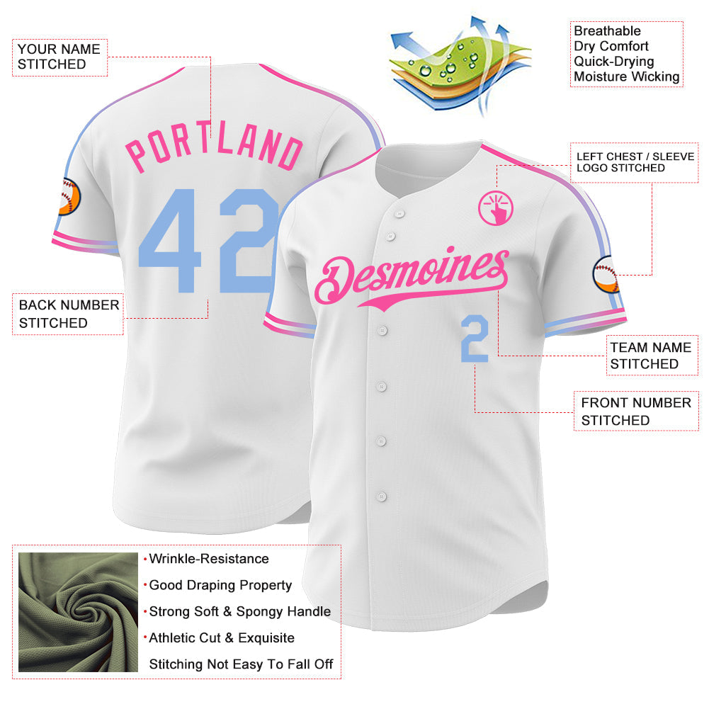 Custom White Light Blue-Pink Raglan Line Gradient Stripe Authentic Baseball Jersey