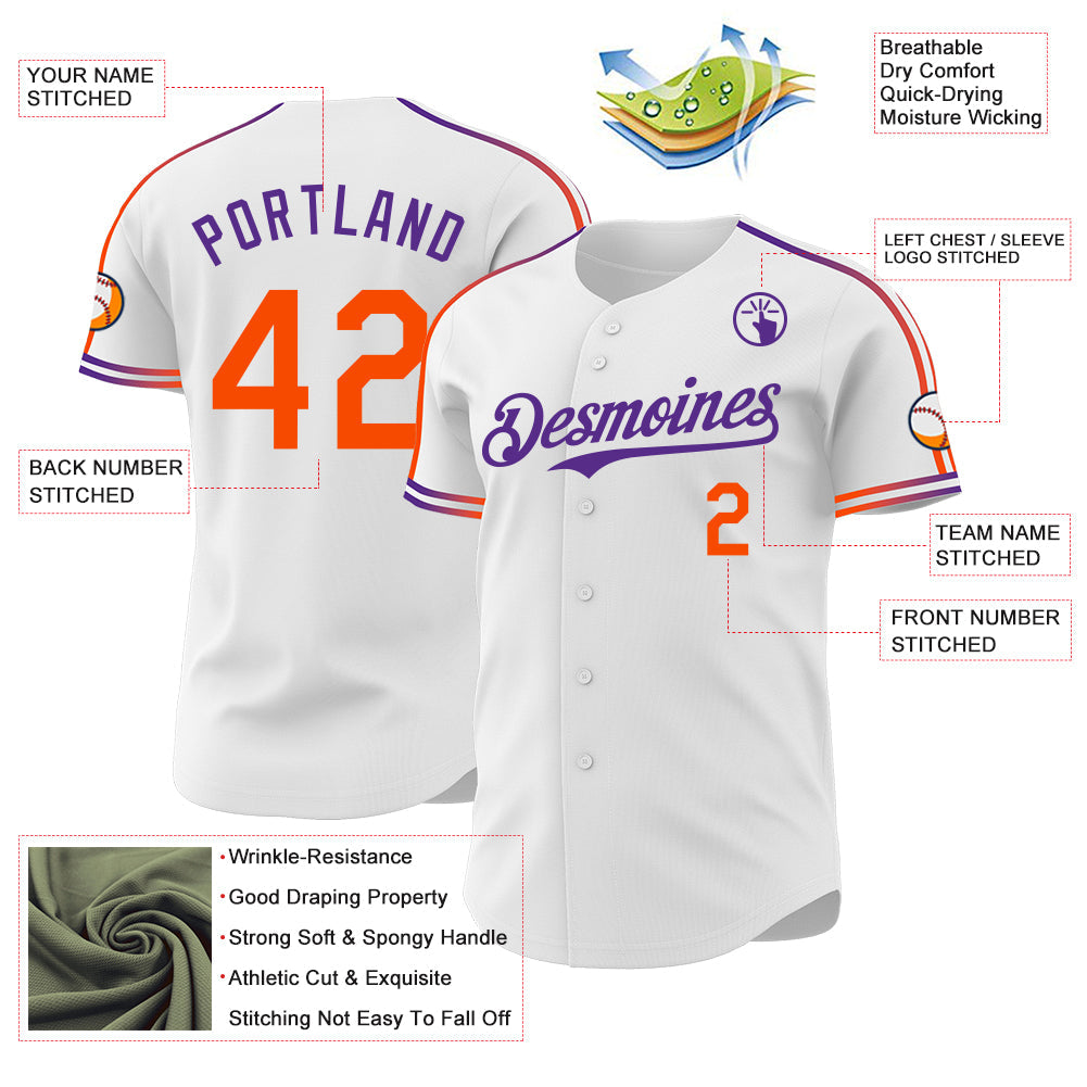 Custom White Orange-Purple Raglan Line Gradient Stripe Authentic Baseball Jersey