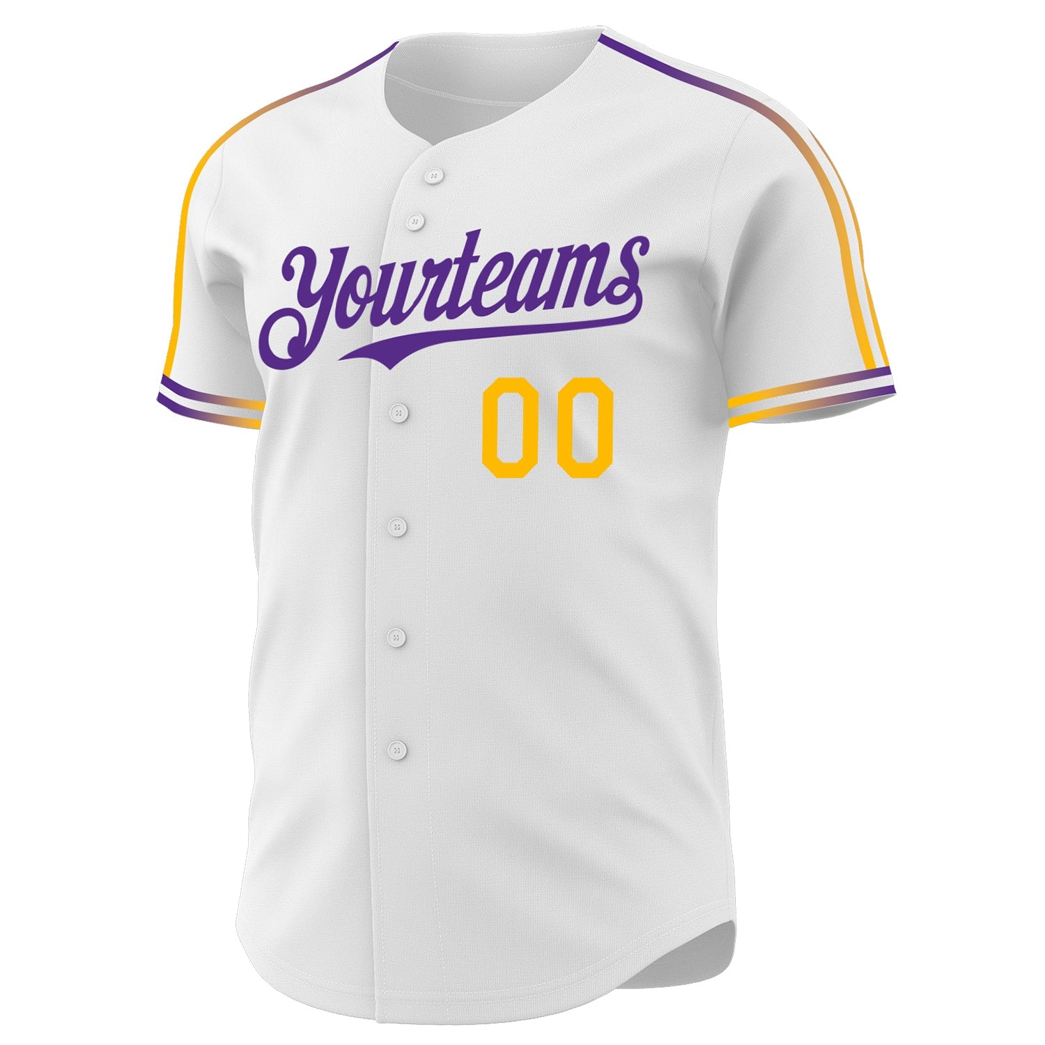 Custom White Gold-Purple Raglan Line Gradient Stripe Authentic Baseball Jersey